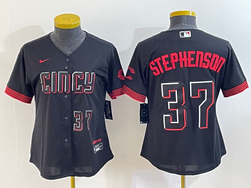 Women's Black Cincinnati Reds #37 Tyler Stephenson 2023 City Connect With Patch Stitched Baseball Jersey(Run Small)
